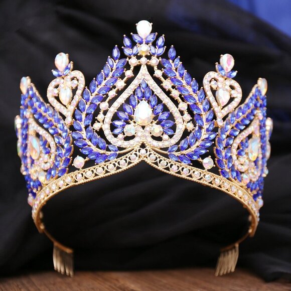 Queen of Spades, Blue Crystal Crown, Gold Comb Crown, Pageant Crown, XL Size - Picture 1 of 3